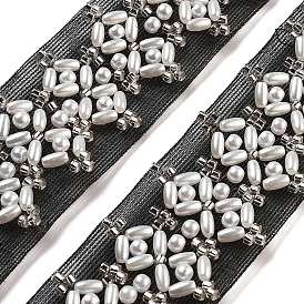 Polyester Lace Trims, with ABS Imitation Pearl Beads and Glass