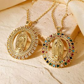 Collares colgantes de la Virgen María con circonitas cúbicas brillantes de latón, Accesorio de joyería de moda hip-hop rock, dorado