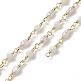Handmade Plastic Pearl & Abacus Beaded Chains, with Rack Plating Golden Brass Findings, Unwelded, with Card Paper