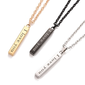 Rectangle with Word I Love You 304 Stainless Steel Pendant Necklace with Alloy Cable Chain for Women