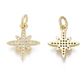 Brass Micro Pave Clear Cubic Zirconia Charms, with Jump Ring, Nickel Free, Eight Pointed Star