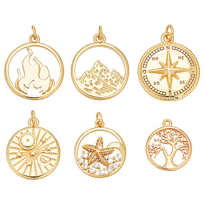 12 шт 6 стили латунные подвески, плоско-круглые