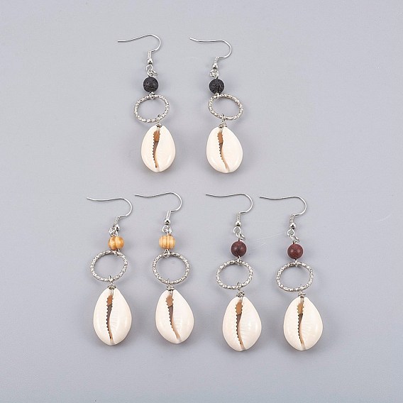 Серьги с подвесками в виде каури, с драгоценными камнями и деревянными бусами, связывающий железо кольца, Латунные крючки для сережек