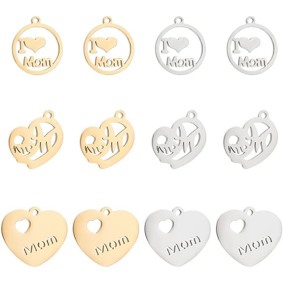 12 шт 6 стиль 304 подвески из нержавеющей стали, разнообразные, день матери, плоские круглые и сердце