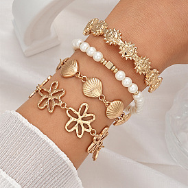 Boho Alloy Flower Shell Shape Link Chain Bracelet Sets, Sun Cuff Bangles and Imitation Pearl Beaded Stretch Adjustable Stackable Bracelets, White