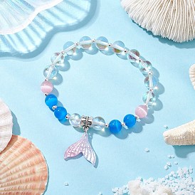 Синтетические лунные камни бусины эластичные браслеты для женщин, рыбий хвост, с подвесками из ацетата целлюлозы (смолы) и бусинами из кошачьего глаза