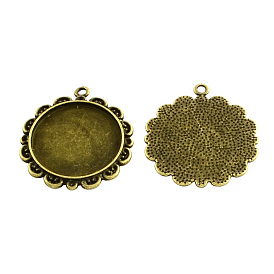 Tibetan Style Alloy Flat Round Tray Cabochon Settings, Cadmium Free & Lead Free, Flower, Tray: 25mm,35.5x32x2mm, Hole: 2.5mm, about 190pcs/1000g