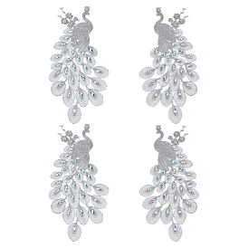 4Pcs 2 Styles Silver and Gold Thread with Resin and Rhinestones Applique Embroidery, Peacock
