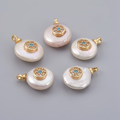 Natural Cultured Freshwater Pearl Pendants, with Cubic Zirconia and Brass Findings, Long-Lasting Plated, Flat Round
