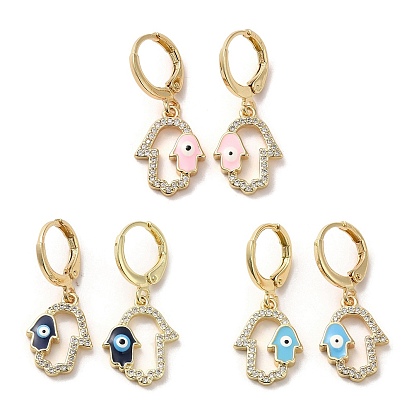 Main de hamsa avec mauvais œil véritable boucles d'oreilles à levier en laiton plaqué or k, avec émail et zircone cubique