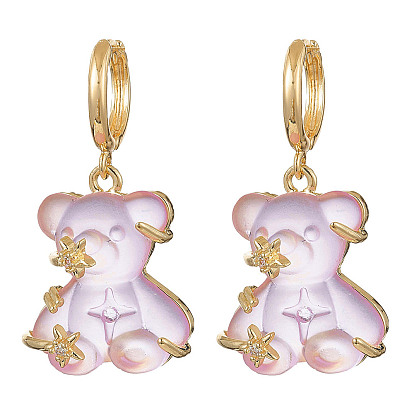 3 Pair 3 Color Resin Bear with Crystal Rhinestone Star Dangle Hoop Earrings, Real 14K Gold Plated Brass Jewelry for Women