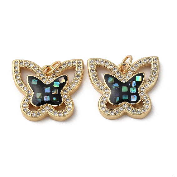 Brass Micro Pave Cubic Zirconia Pendants, Cadmium Free & Lead Free, with Shell, Butterfly
