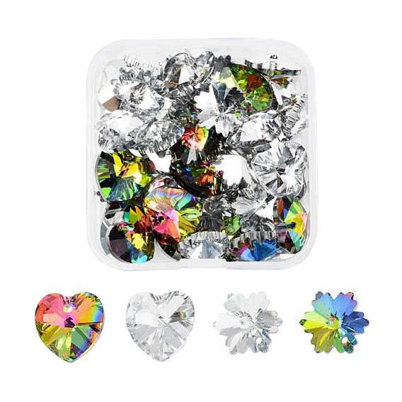 40Pcs 4 style Electroplated Glass Pendants, Silver Plated Bottom, Faceted, Heart & Snowflake