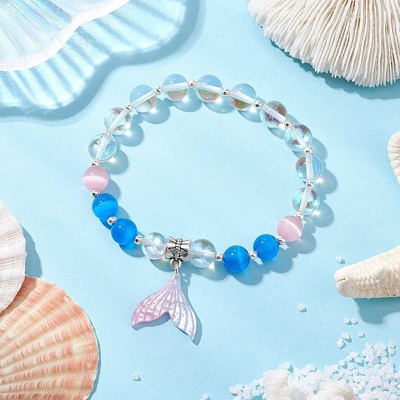 Синтетические лунные камни бусины эластичные браслеты для женщин, рыбий хвост, с подвесками из ацетата целлюлозы (смолы) и бусинами из кошачьего глаза