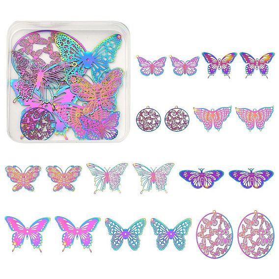 20шт 10 стиль ионного покрытия (ip) 201 филигранные подвески из нержавеющей стали, гравированные металлические украшения, бабочка и кольцо и овал