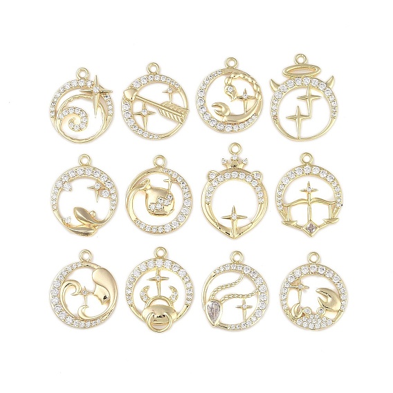 Brass Micro Pave Clear Cubic Zirconia Pendants, Twelve Constellations