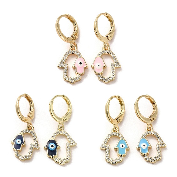 Hamsa Hand with Evil Eye Golden Brass Dangle Leverback Earrings, with Enamel & Cubic Zirconia