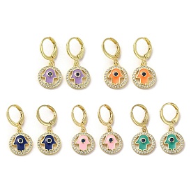Hamsa Hand Real 18K Gold Plated Brass Dangle Leverback Earrings, with Enamel and Cubic Zirconia