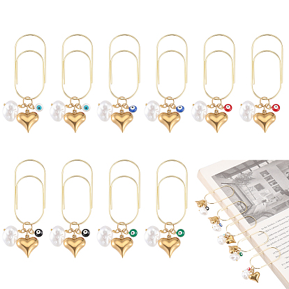 10Pcs 5 Colors Carbon Steel Paper Clips, with ABS Plastic Imitation Pearl & 304 Stainless Steel Evil Eye Enamel Charms