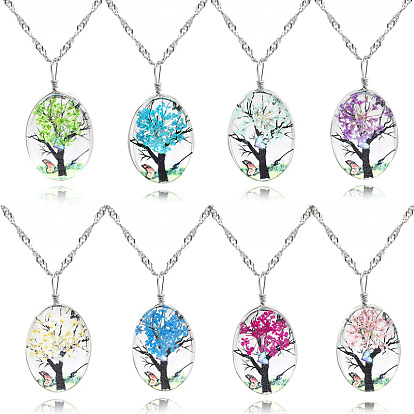 Овальное стекло с засушенным цветком подвеска из дерева жизни сплав сингапурская цепочка ожерелья, платина