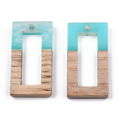 Transparent Resin & White Wood Pendants, Two Tone, Hollow Hollow Rectangle Charms