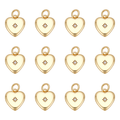 12Pcs Brass Micro Pave Clear Cubic Zirconia Pendants, Heart, Cadmium Free & Lead Free