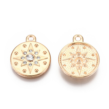 Rack Plating Alloy Pendants, with Rhinestone, Flat Round with Star Charms, Light Gold, Cadmium Free & Nickel Free & Lead Free
