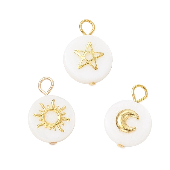 3 шт 3 стили натуральные пресноводные ракушки плоские круглые подвески, с латунными пластинами солнца, луны и звезд и 304 двойными петлями из нержавеющей стали, золотые