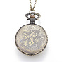 Carved Alloy Flat Round Pendant Necklace Quartz Pocket Watch, with Iron Chains and Lobster Claw Clasps