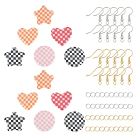Kits de fabrication de boucles d'oreilles à motif de grille de bricolage sunnyclue, 12 pendentifs plats ronds et étoiles et coeur en acétate de cellulose (résine), crochets de boucle d'oreille en laiton et anneaux de saut en fer