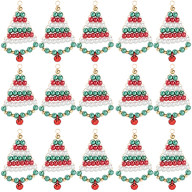 20шт. подвески из перламутрового стекла, окрашенные в технике запекания, Рождественские елки, с золотой медной проволокой и колокольчиком