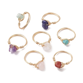 7Pcs 7 Styles Natural & Synthetic Gemstone Chip Finger Rings, Copper Wire Wrapped Ring for Women