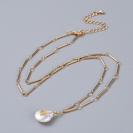 Natural Pearl Pendant Necklaces, with Brass Bar Link Chains and Cardboard Jewelry Boxes, Star