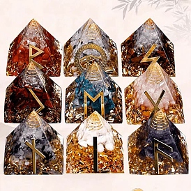 Orgonite Pyramid Resin Display Decorations, with Brass Findings, Gold Foil and Natural Gemstone Chips Inside, for Home Office Desk