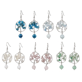 Natural Gemstone Dangle Earrings, with Brass Earring Hooks, Tree of Life