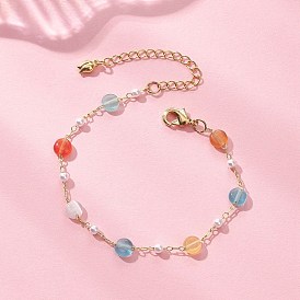 Разноцветные браслеты из бусин кошачий глаз и пластикового жемчуга для женщин, плоско-круглые, с медной кабельной цепью