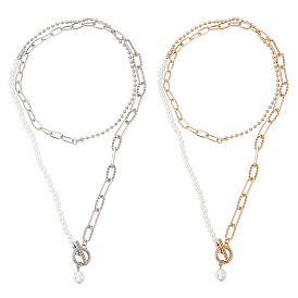 2шт 2 цвета пластиковый искусственный жемчуг ожерелья набор, ожерелья из сплава и железа со скрепками и шариковыми цепями для женщин