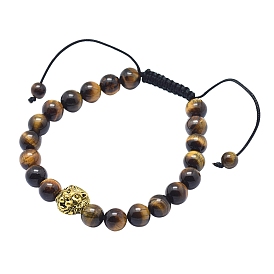 Adjustable Alloy Lion Braided Bead Bracelets, with Natural Tiger Eye Beads