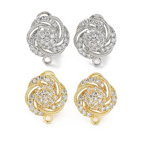 Hollow Flower Brass Micro Pave Cubic Zirconia Stud Earrings Finding, with Horizontal Loops, Cadmium Free & Lead Free