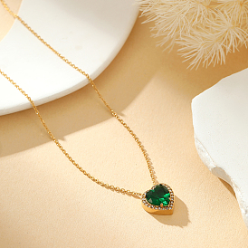 Stainless Steel Pave Green Cubic Zirconia Heart-Shaped Pendant Necklaces for Women, Fashionable and Versatile