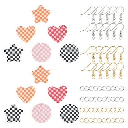 Kits para hacer aretes con patrón de cuadrícula, 12 colgantes de acetato de celulosa (resina) redondos, planos y en forma de estrella y corazón, ganchos de latón para pendientes y anillas de hierro