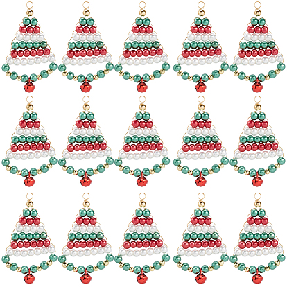 20шт. подвески из перламутрового стекла, окрашенные в технике запекания, Рождественские елки, с золотой медной проволокой и колокольчиком