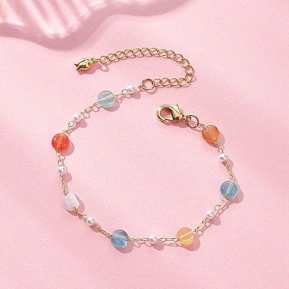 Разноцветные браслеты из бусин кошачий глаз и пластикового жемчуга для женщин, плоско-круглые, с медной кабельной цепью