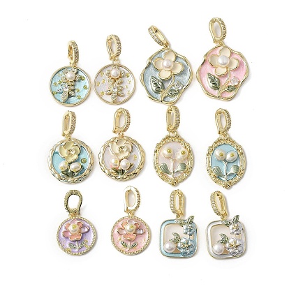 Латунь эмаль подвески, с натуральным пресноводным жемчугом и застежкой из латуни с микропаве из кубических цирконий, плоские круглые, овальные и квадратные с цветочным шармом