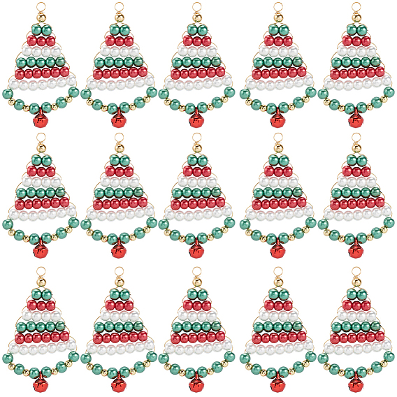 20шт. подвески из перламутрового стекла, окрашенные в технике запекания, Рождественские елки, с золотой медной проволокой и колокольчиком