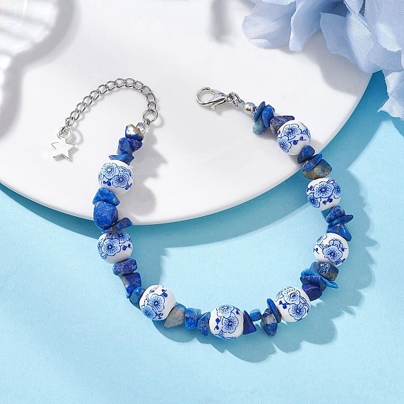 Браслеты ручной работы из фарфора, керамики и бусин из окрашенного натурального лазурита с цветочным принтом для женщин, круглый с чипсами