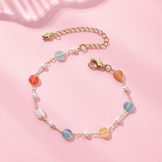 Разноцветные браслеты из бусин кошачий глаз и пластикового жемчуга для женщин, плоско-круглые, с медной кабельной цепью