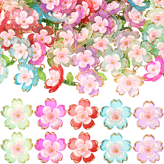 50шт 5 цветные подвески из прозрачного акрила, со стеклянными бисеринами, цветок, золотой металл обвитыми