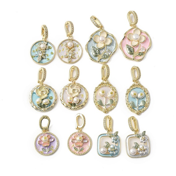Латунь эмаль подвески, с натуральным пресноводным жемчугом и застежкой из латуни с микропаве из кубических цирконий, плоские круглые, овальные и квадратные с цветочным шармом