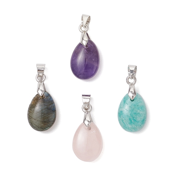 4 шт. 4 стили натуральный лабрадорит и амазонит и розовый кварц и аметист подвески-слезинки, с латунной поручительств, платина